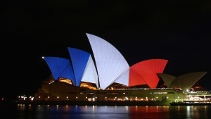 SYDNEY, AUSTRALIA - NOVEMBER 14: The sails of the Sydney Opera House are illuminated in the colours of the French flag on November 14, 2015 in Sydney, Australia. At least 120 people have been killed and over 200 are injured in Paris following a series of terrorist acts in the French capital on Friday. (Photo by Cameron Spencer/Getty Images)